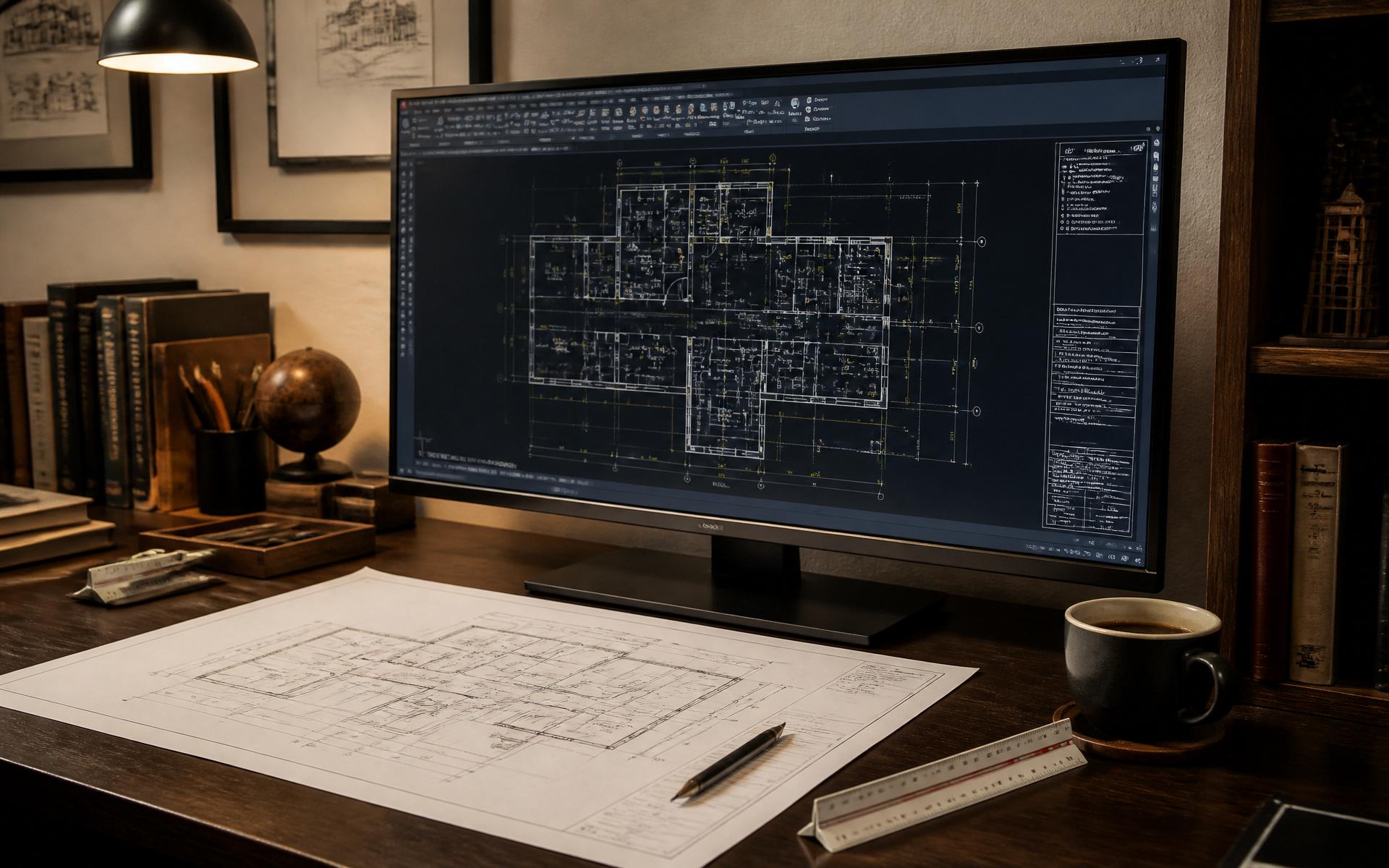 CAD workstation: large monitor running AutoCAD with a complex floor plan, beside a printed sketch and scale ruler
