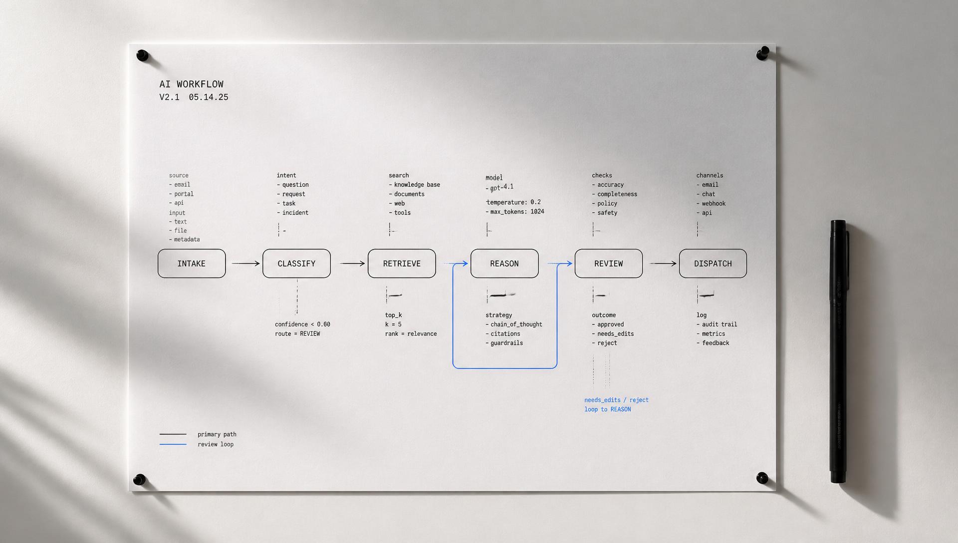 AI workflow diagram with connected processing nodes